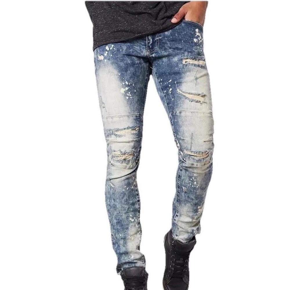 Smoke Rise Men’s Stella Blue Taper Stretch Distressed Paint Splatter Jeans 32x32